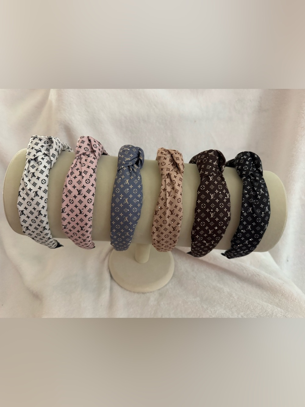 Monogram Knotted Headbands - White, Pink, Blue, Beige, Brown, Black